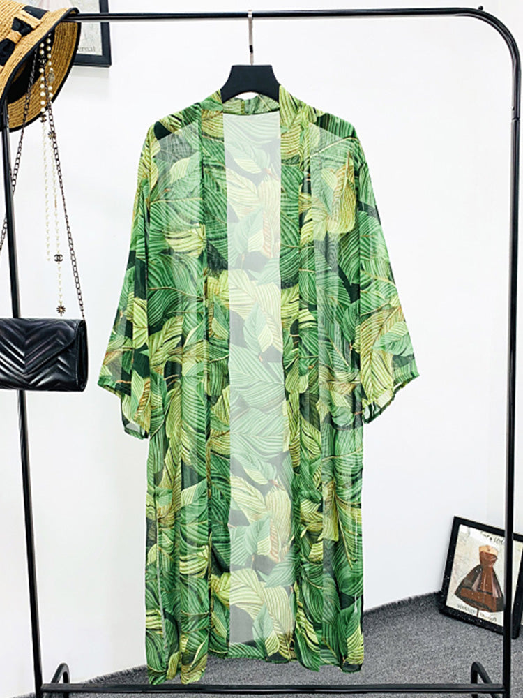 Picnic Partywear Leaf Print Green Color Polyester Long Length Gown Kimono Duster Robe - Fashionpara