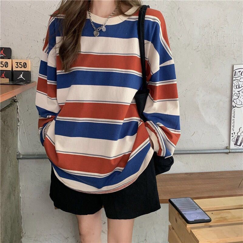 KittenAlarm - Long Sleeve Colors Striped Casual Sweatshirt