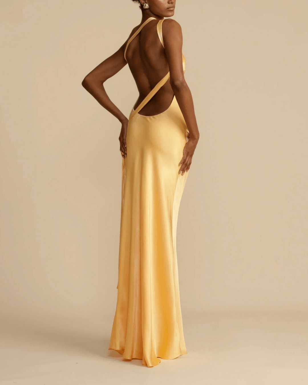 Elastic Waist Satin Drape Yellow Maxi Dress - Fashionpara