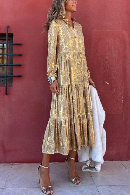 V Neck Unique Printed Ruffle Tiered Midi Dress - Fashionpara