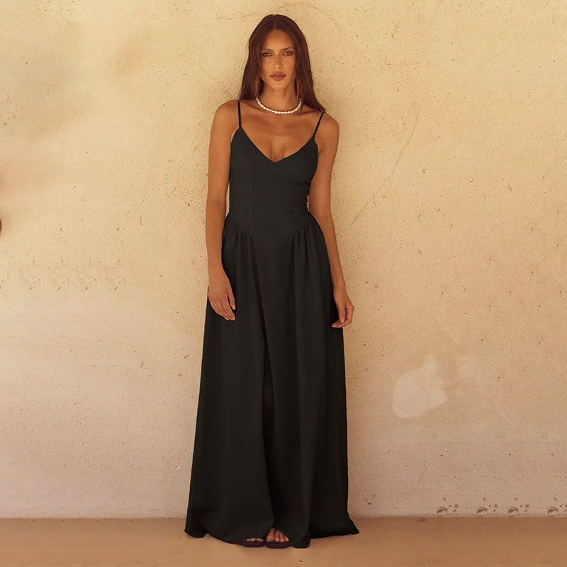 V-Neck Spaghetti Strap Drop-Waist Flared Maxi Dress