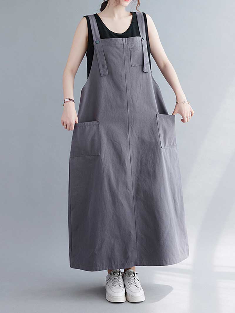Cotton Sleeveless Patch Pocket Pinafore Salopette Maxi Dress