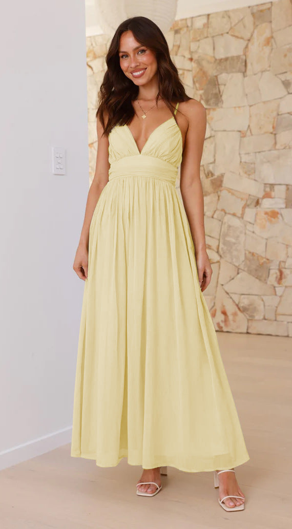 V-Neck Cross-Back Empire-Waist Flowy Maxi Dress