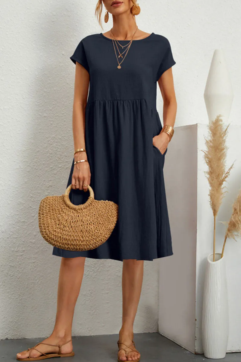 Linen Blend Print A-Line Short Sleeve Midi Dress