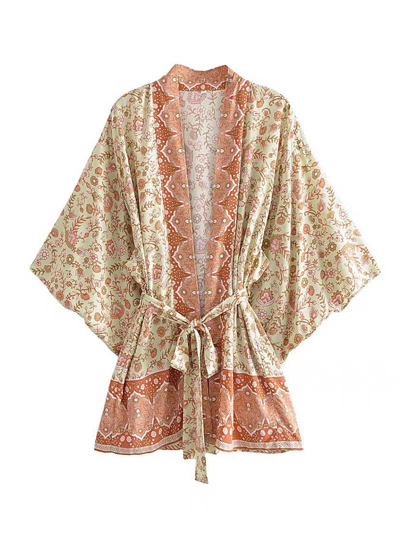 Short Floral Print Brown, Purple Orange Color Cotton Short Length Gown Kimono Duster Robe - Fashionpara