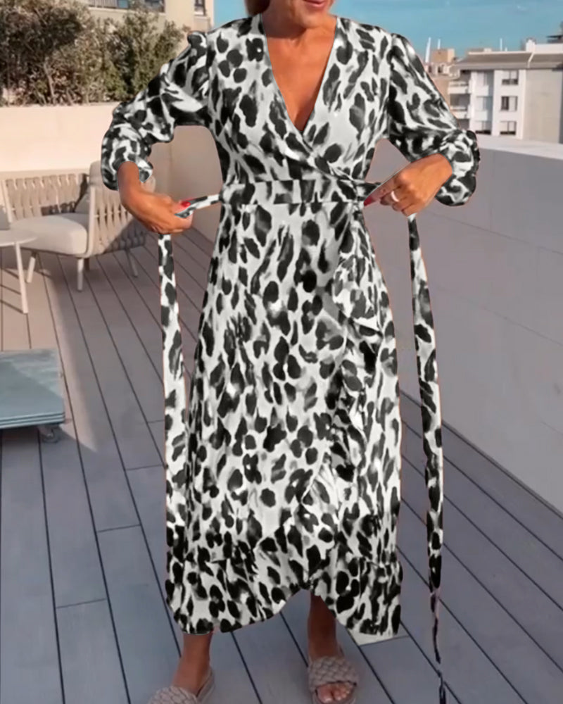 Leopard Print V-Neck Wrap Puff Sleeve Tie Waist Ruffle Trim Midi Dress - View 7