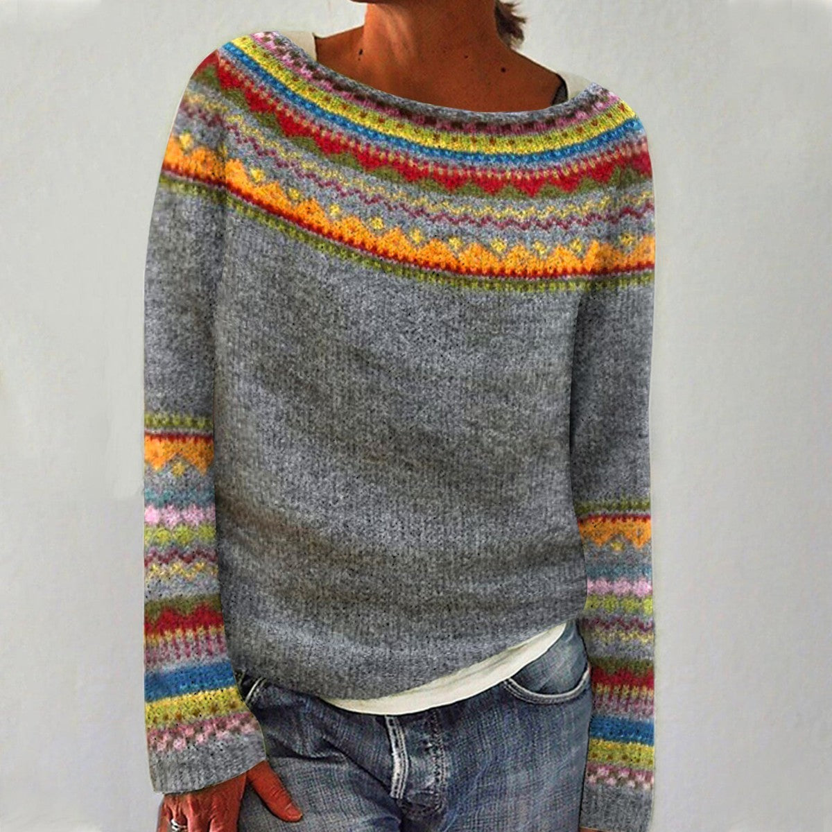 Fair Isle Pattern Boat Neck Long Sleeve Knit Sweater