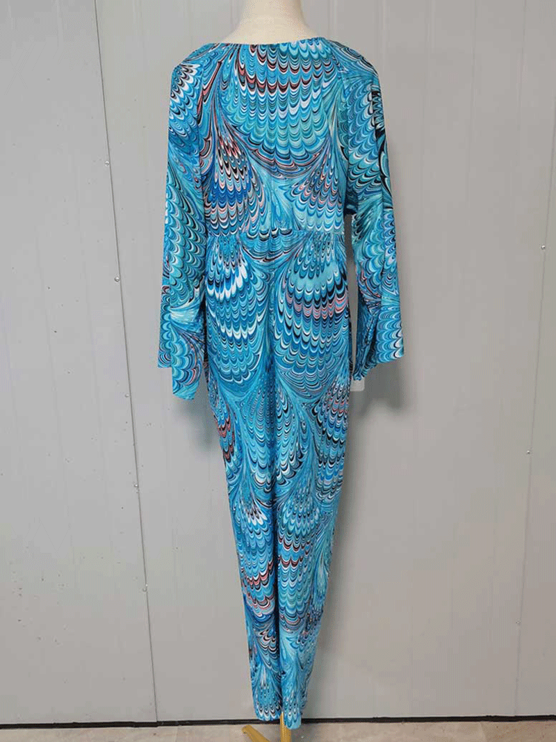 Printed Blue Color Polyester Long Length Gown Kimono Duster Robe - Fashionpara
