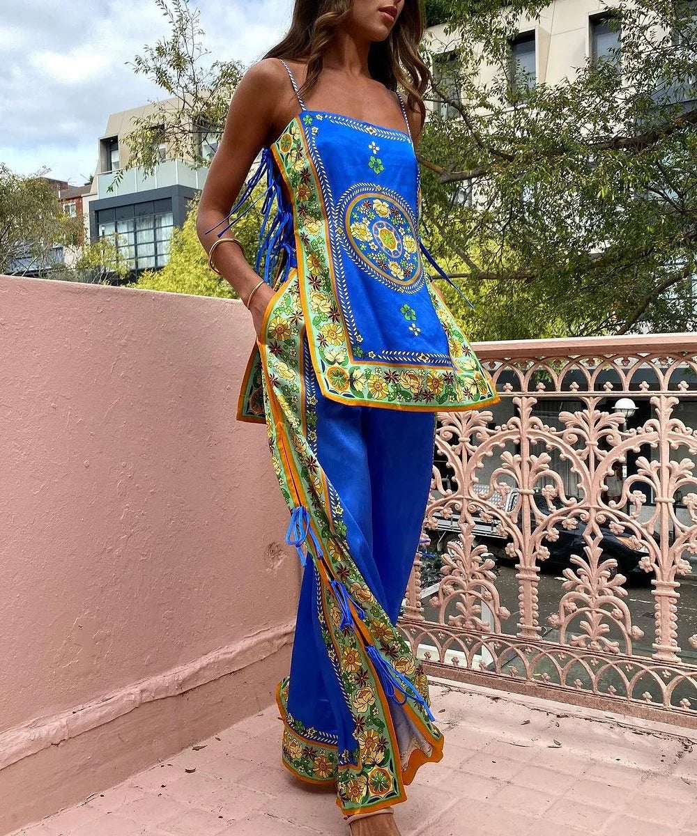 Retro Exotica Navy Blue PrintingTwo-piece Set - Fashionpara