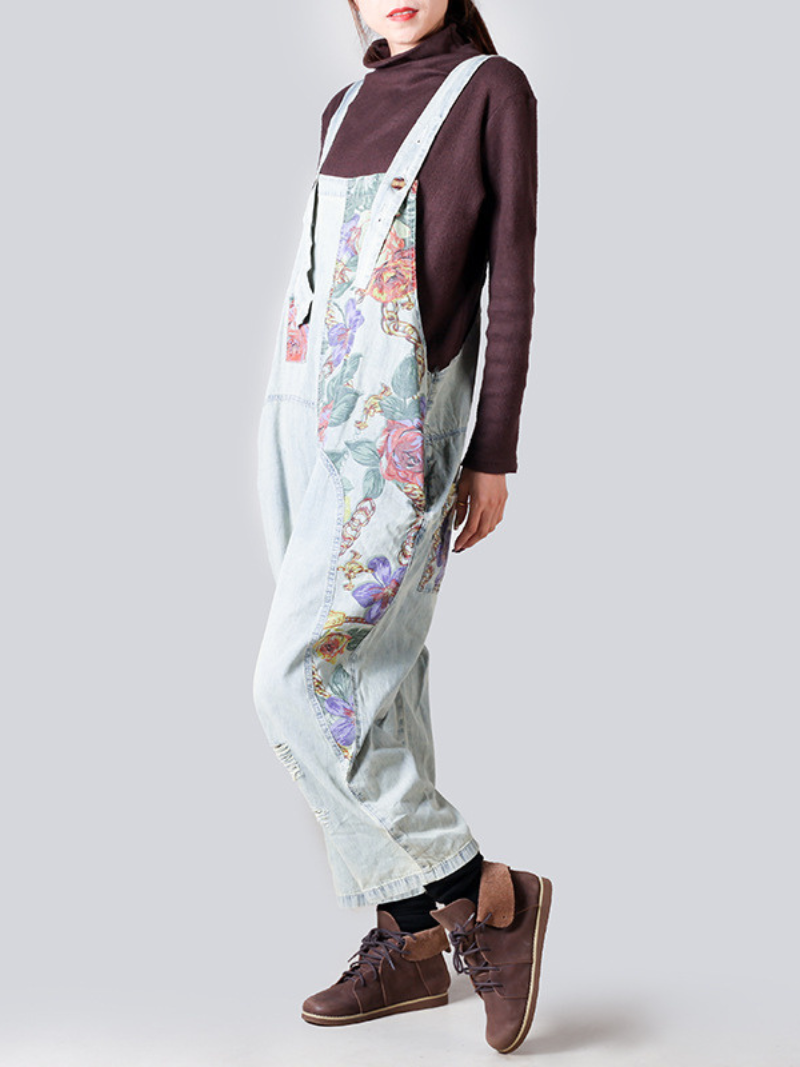 Female Loose Fitting Denim Overall Jumpsuits Wide-Leg Pocket Overalls - Fashionpara