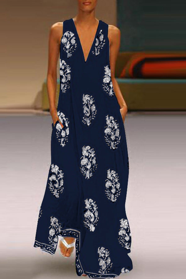 Vintage Print V-neck Vacation Dress - Mislish