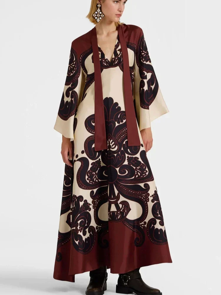 Scroll Print Satin Tie Neck Bell Sleeve A-Line Maxi Dress