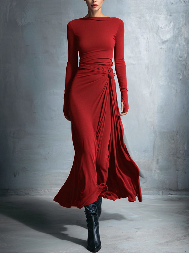 Boat Neck Long Sleeve Ruched Twist Maxi Dress 3
