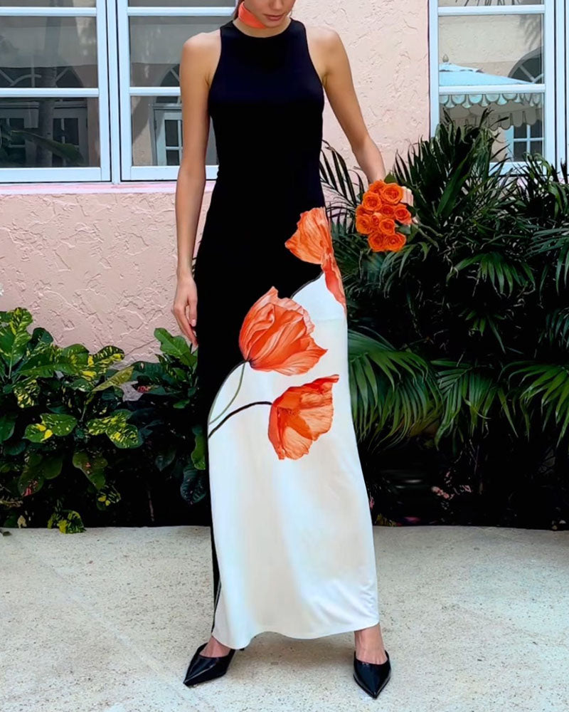 Fashion Colorblock Sleeveless Floral Print Dress - Fashionpara