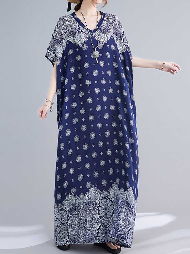 Medallion Print V-Neck Short Sleeve Kaftan Maxi Dress 3