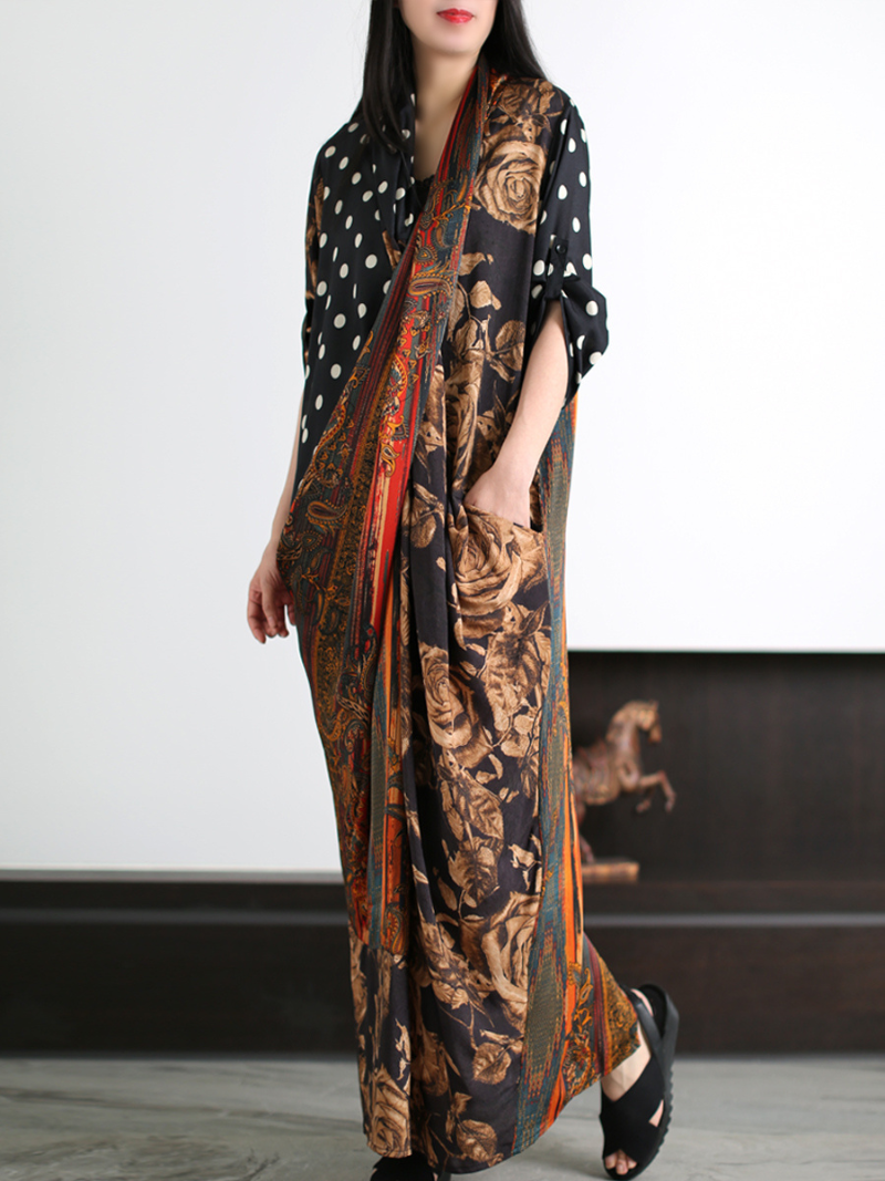 Mixed Floral Print V-Neck Batwing Kaftan Maxi Dress