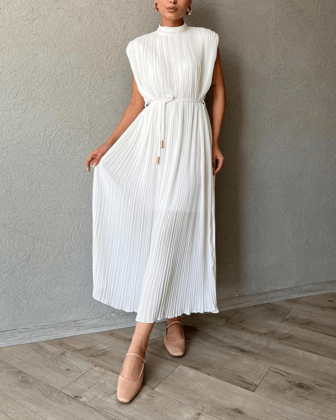 Ecru Pleated High Neck Midi Dress - Fashionpara