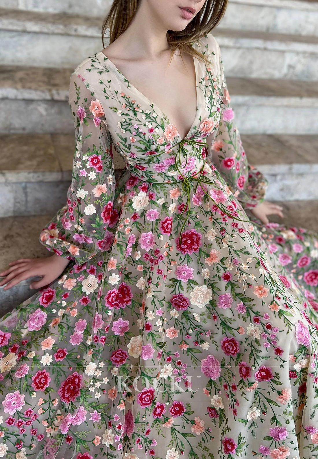 A-Line Long Sleeve V Neck Pleated Floral Embroidered Prom Dresses