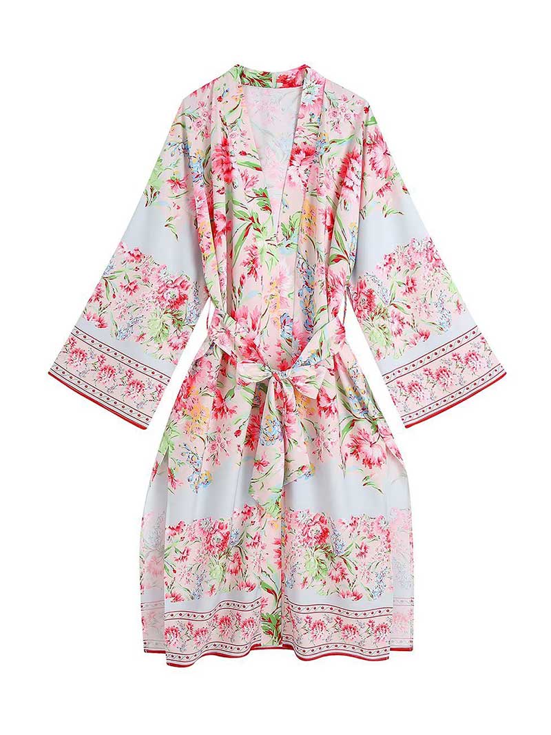 Summer Wear White Printed Long Duster Robe Kimono - Fashionpara