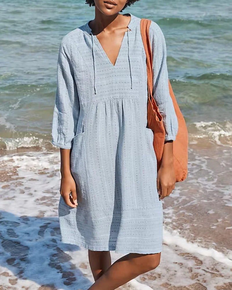 Textured Dot Stripe V-Neck Tie Neck Three Quarter Midi Dress