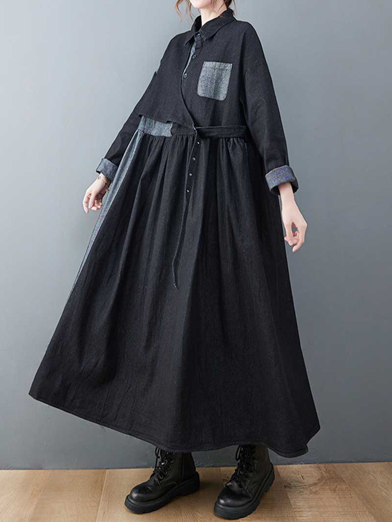 Contrast Panel Collared Long Sleeve Belted Shirt Dress