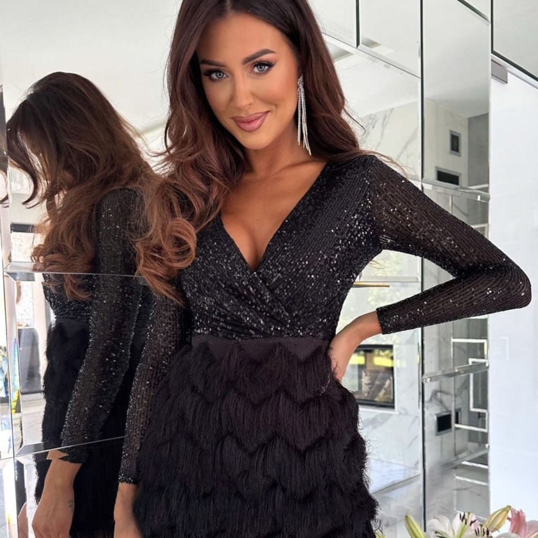 Sequin Deep V-Neck Wrap Long Sleeve Textured Skirt Mini Dress - View 10