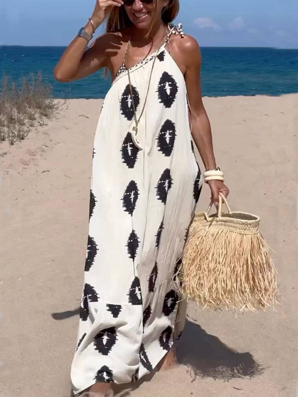 Sunshine Ethnic Print One Shoulder Loose Maxi Dress - Fashionpara