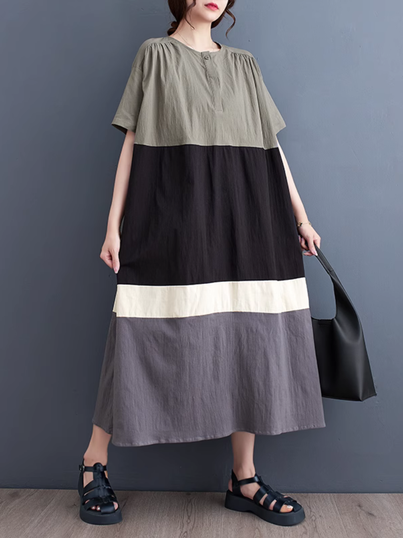 Colorblock Button Front Oversized Short Sleeve Midi Dress - View 2