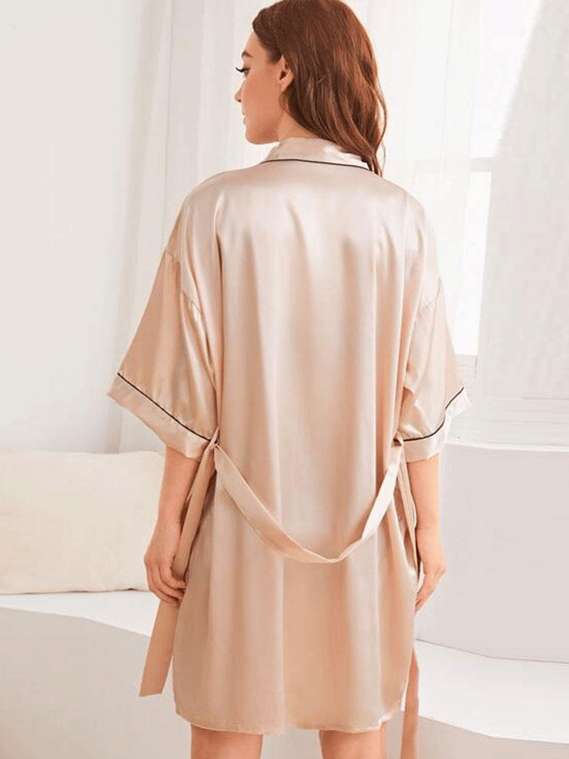 Silk Kimono Robe Plain Beige Color Short Length Gown Kimono Duster Robe - Fashionpara