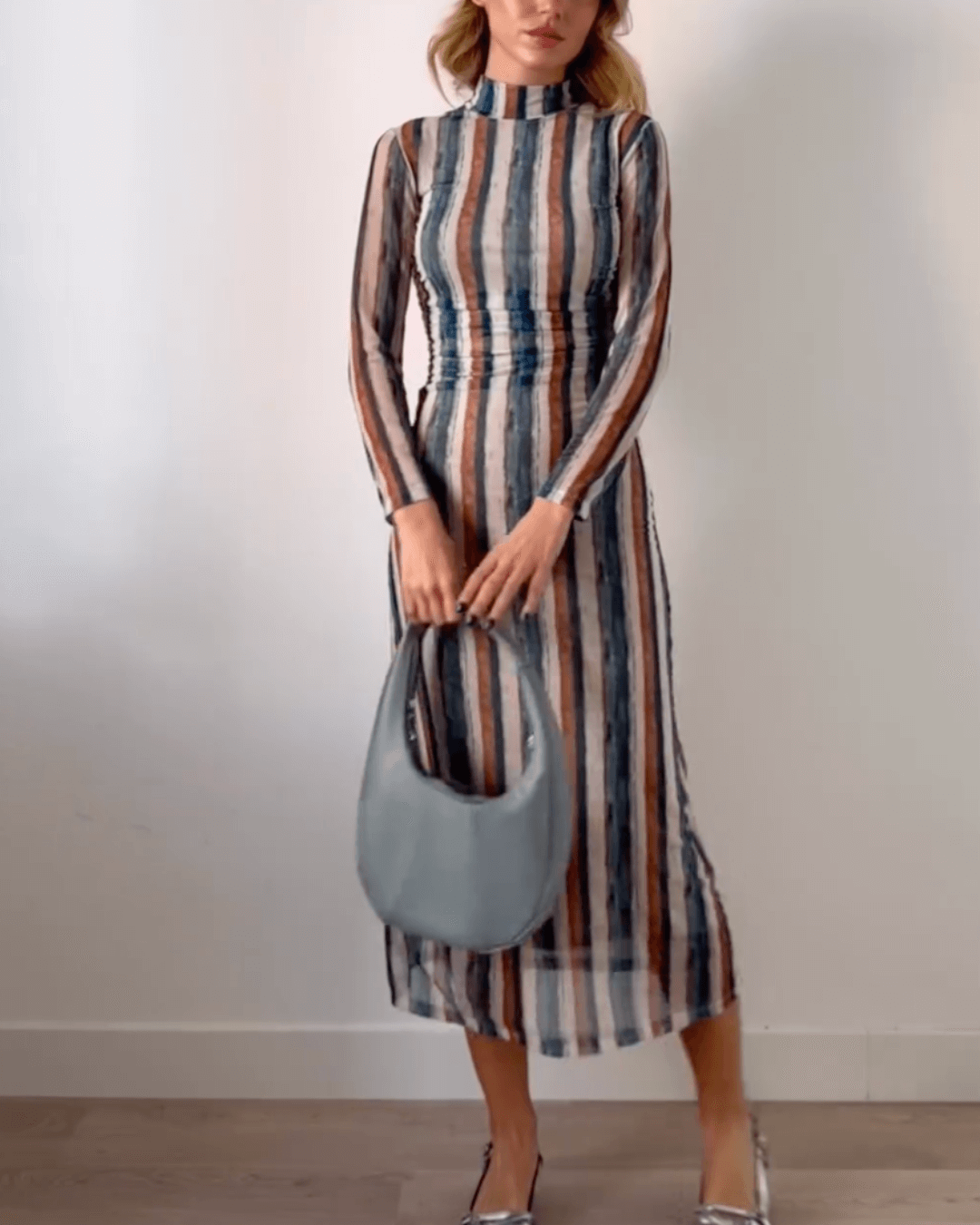 High Neck Long-sleeved Midi Dress - Fashionpara