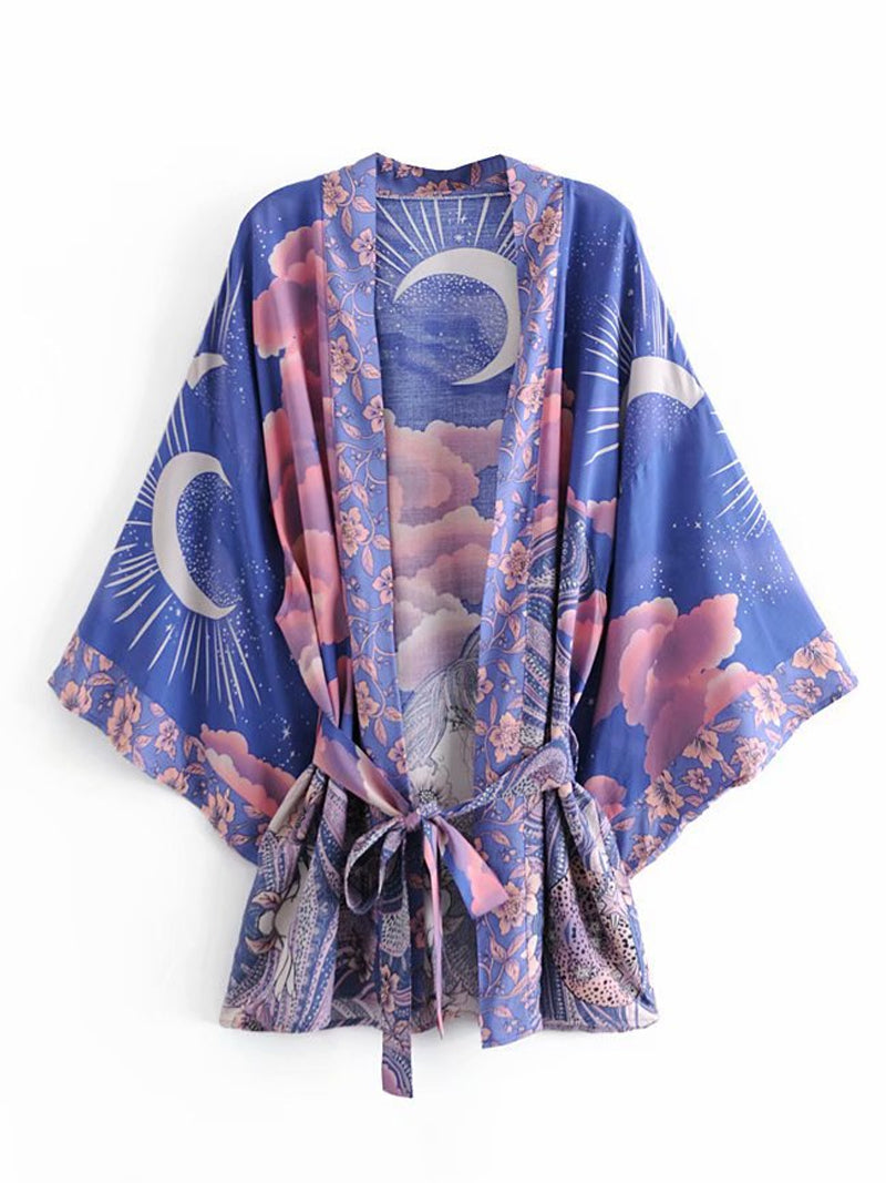 Short Length Floral Print Blue Color Cotton Gown Kimono Duster Robe - Fashionpara