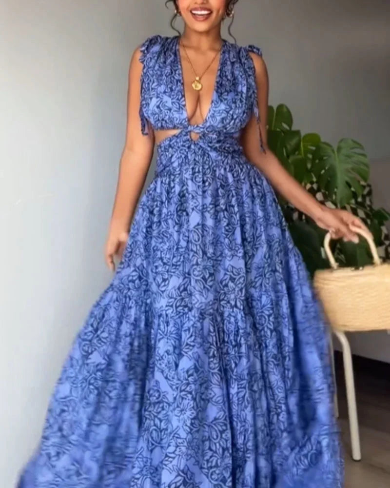 Casual Lace-Up Cutout Printed Dress - Fashionpara