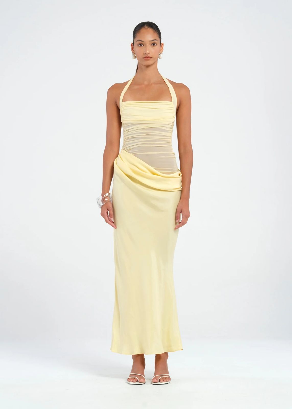 Halter Ruched Draped Satin Bias-Cut Maxi Dress