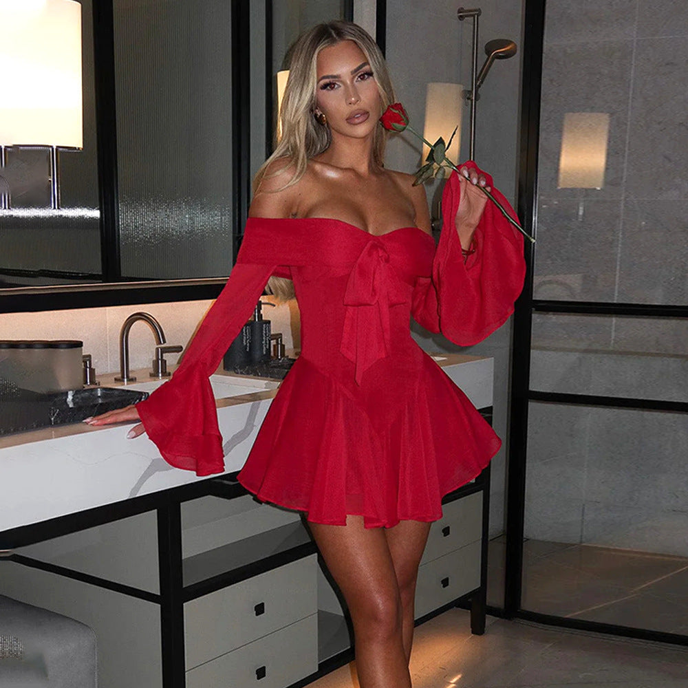 Off-Shoulder Bell-Sleeve Bow-Front Flared Mini Dress