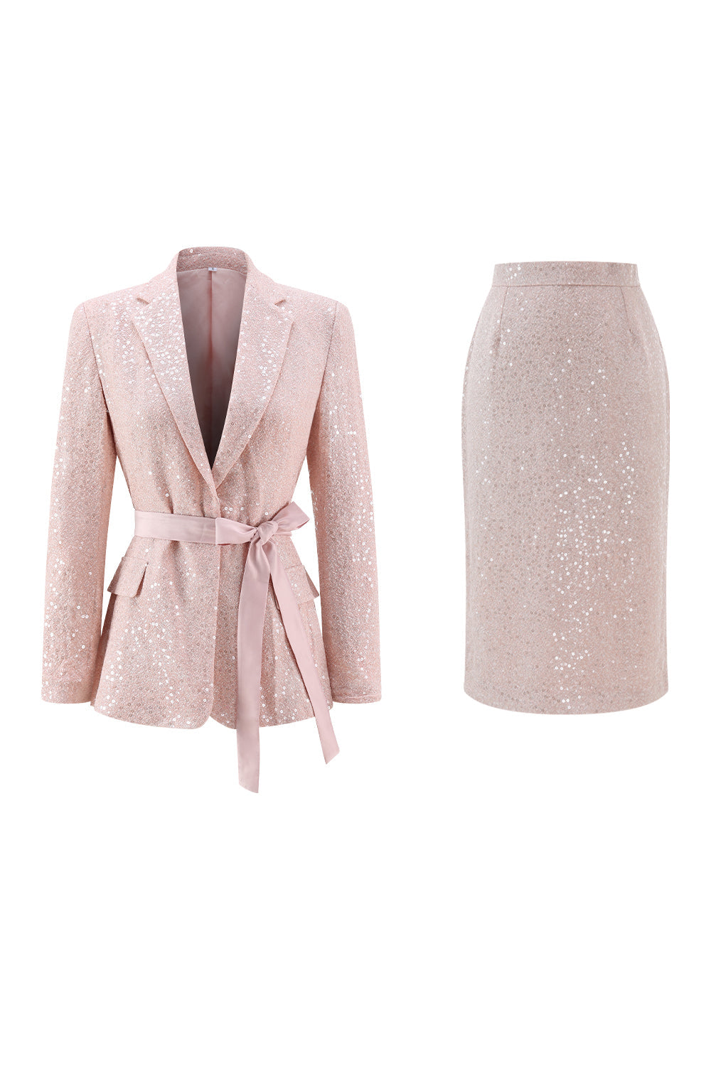 Sparkly Pink Sequin 2 Piece Pencil Midi Prom Suits with Sash