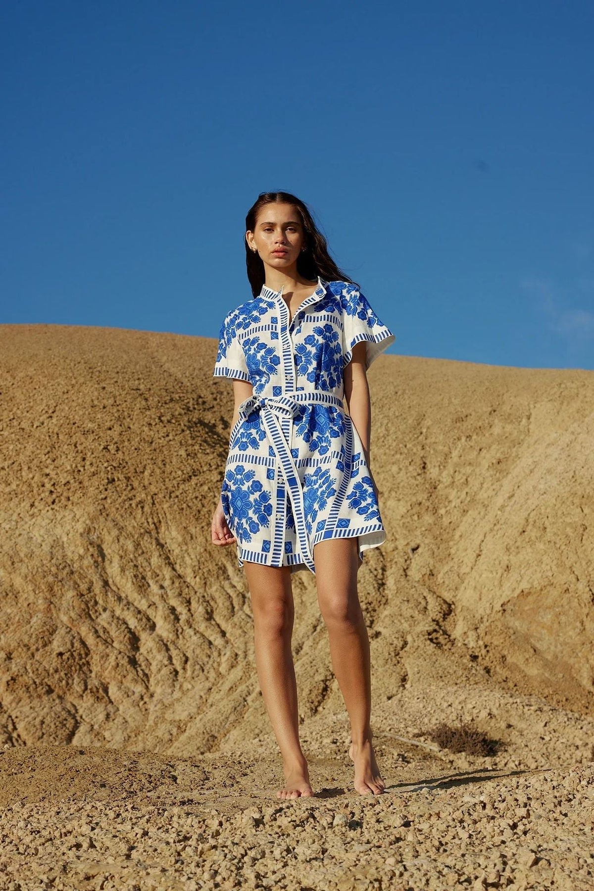 Floral Tile Print Short-Sleeve Belted Shirt Mini Dress