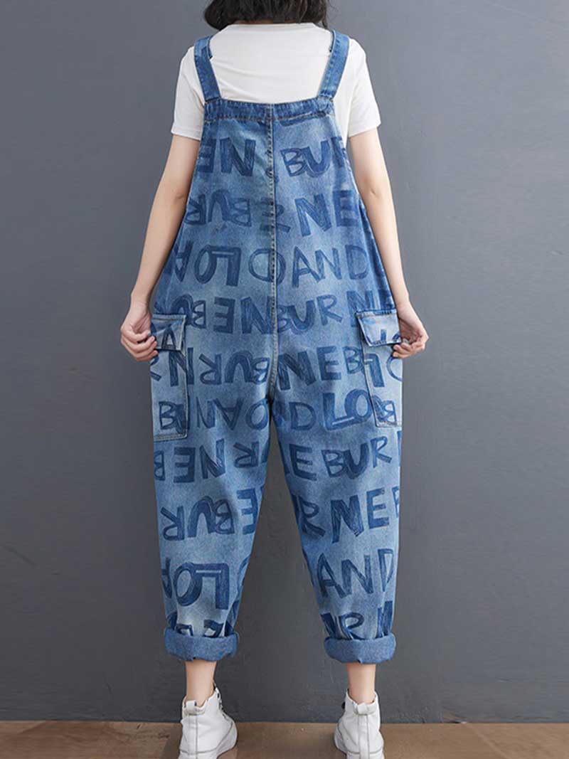 Alphabets Letter Print Denim High Waist Overalls Dungaree - Fashionpara