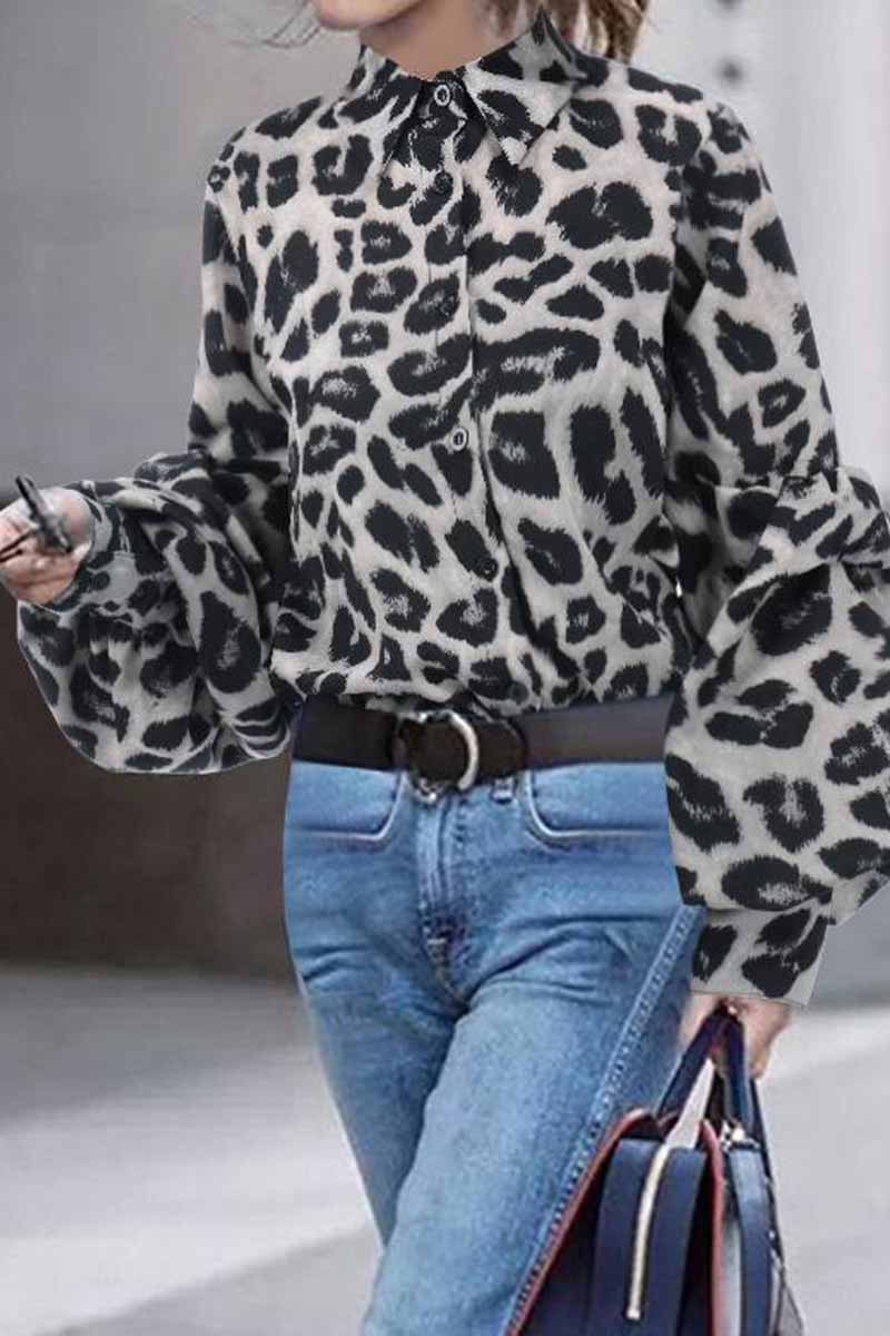Florcoo Loose Leopard Print Shirt Collar Long Sleeves Tops