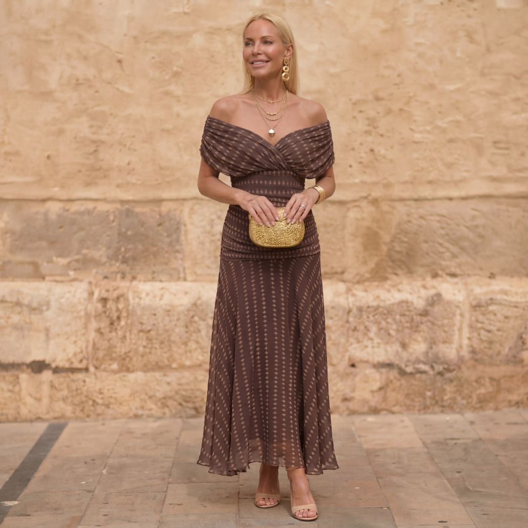 Off Shoulder Dot Print Draped Maxi Dress
