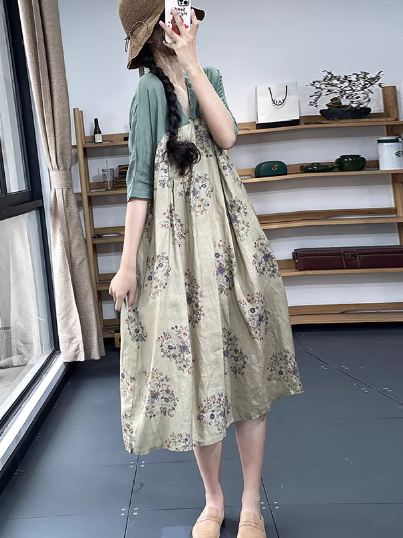 V-neck Retro Printing A-Line Dress - Fashionpara