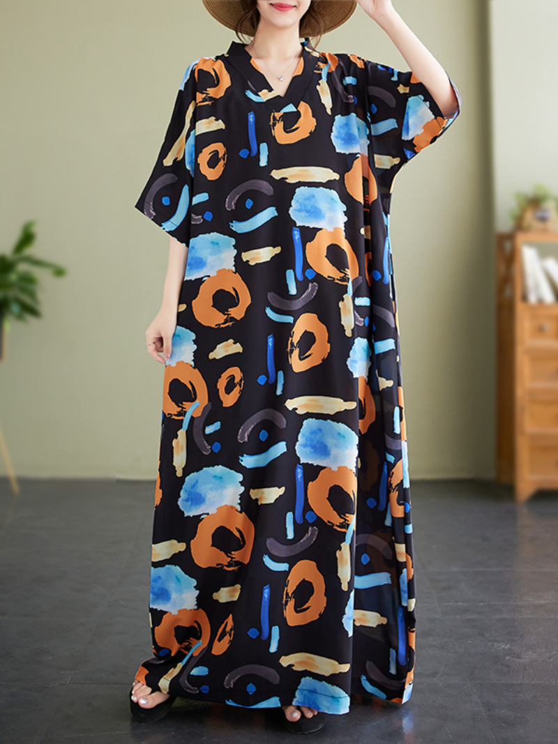 Abstract Print V-Neck Short Sleeve Kaftan Maxi Dress