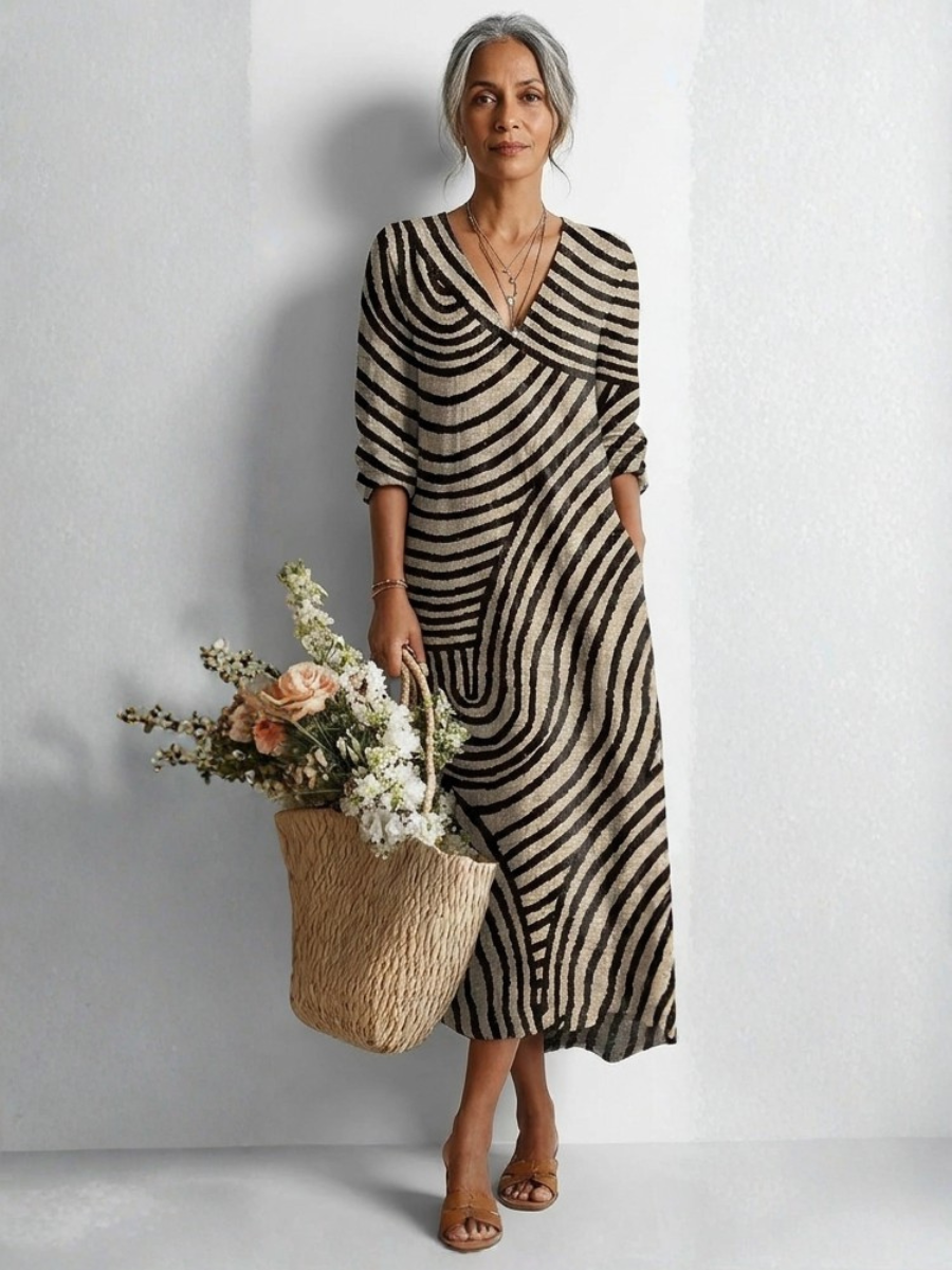 Swirl Stripe V-Neck Long Sleeve Midi Dress 2