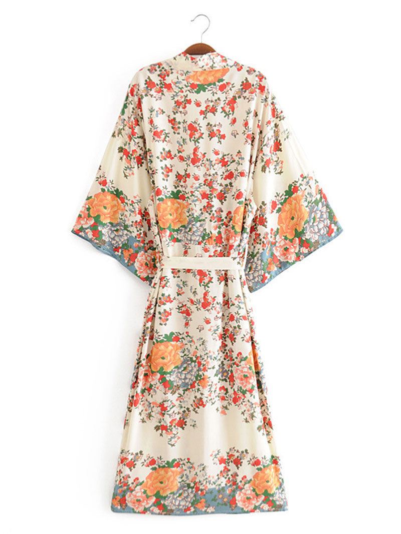 Beachwear Kimono Floral Bohemian Print Beige Color Cotton Long Length Gown Kimono Duster Robe - Fashionpara