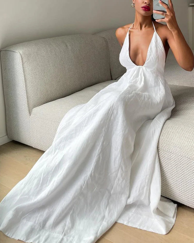 Deep V-neck lace-up cotton and linen dress - Fashionpara