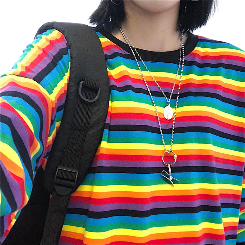 KittenAlarm - Long Sleeve Rainbow Striped Loose Sweatshirt