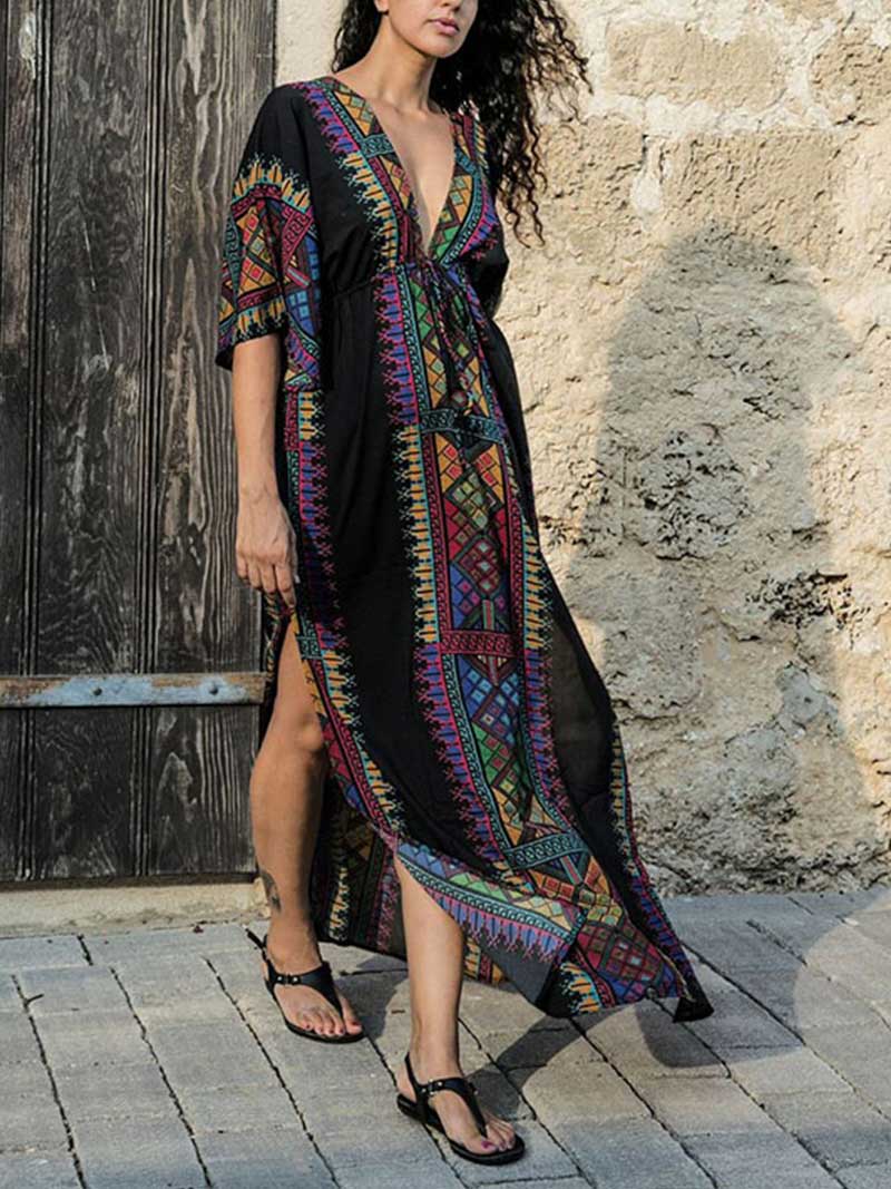 Bohemian Print Cotton Short Sleeves Kaftan Dress - Fashionpara