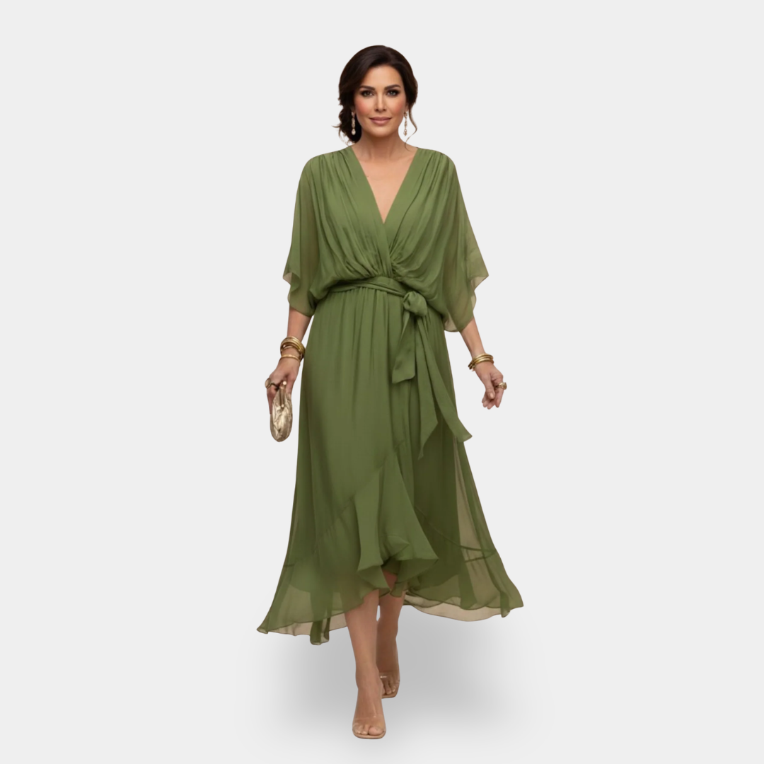 Deep V-Neck Batwing Sleeve Belted Chiffon Midi Dress
