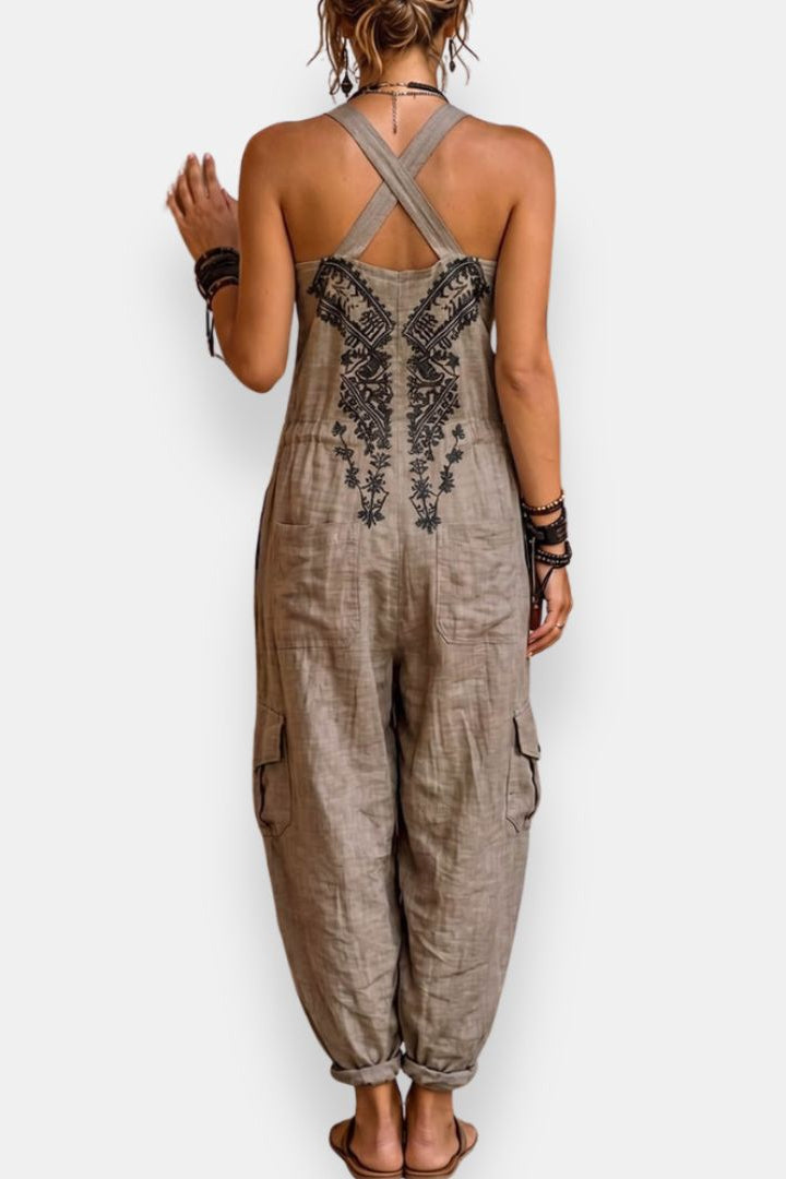 Embroidered Halter Neck Pocket Wide Leg Jumpsuit 2