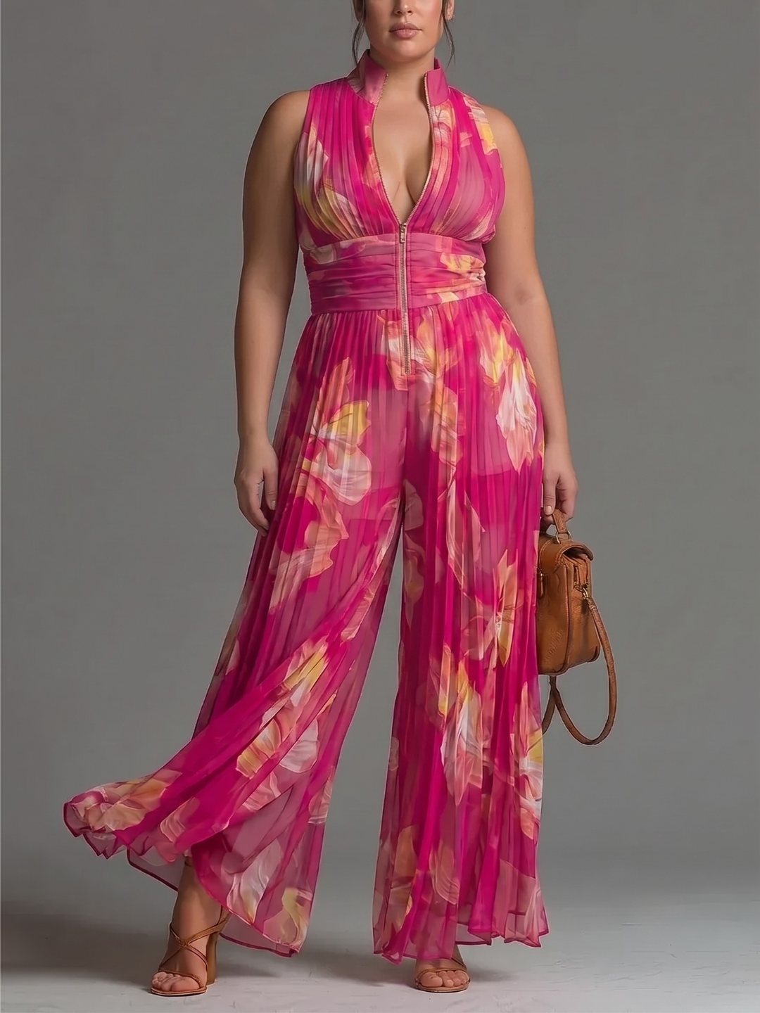 High Neck Zip Front Pleated Wide Leg Jumpsuit 10