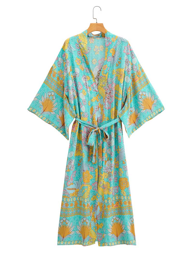 Birthday Party Floral Print Green Color Cotton Long Kimono Robe - Fashionpara